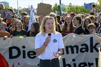 Carla Reemtsma in front of the first banner of the FFF demo at the 14th Global Climate Strike of