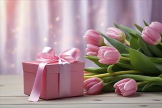 Gift Box with Pink Ribbon Beside bouquet of Fresh Tulips on Bokeh Background. Good for Valentine