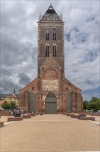 Remaining tower of St Mary's Church, built from 1260-70, in front the bases of the pillars of the