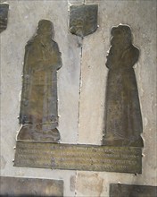 Tudor brass memorials Edward Duke family, 1593, St Mary parish church, Benhall, Suffolk, England,