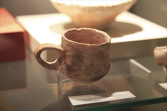 Stone cup with handle neolithic find, National Museum of Archaeology, Valletta, Malta, Europe