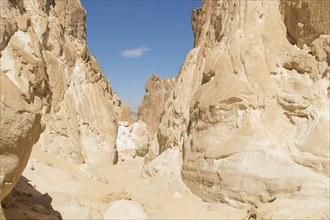 White canyon with yellow rocks, sunny day. Egypt, desert, the Sinai Peninsula, Nuweiba, Dahab