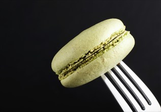 Single green macaron or macaroon cake on a fork on black background. side view, close up, macro