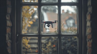 A UAV unmanned aircraft drone flying just outside the window of A house, AI generated