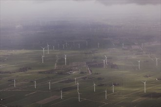 Aerial view of wind turbines, taken near Wischhafen, 25/03/2024