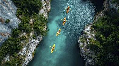 Aerial view of kayakers paddling along a beautiful mountain river. generative AI, AI generated