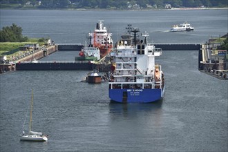 Ships in the Kiel-Holtenau lock, Kiel Canal, Kiel Canal, Schleswig-Holstein, Germany, Europe