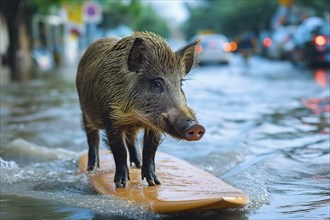 Climate change, city being flooded with heavy rains and torrents, AI generated