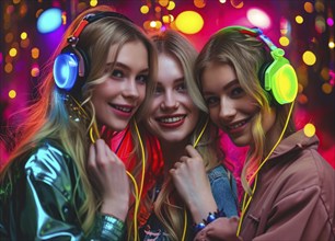 Sexy young ladies listening to modern hip hop and rap music in colorful headphones at party, AI