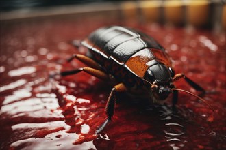 A large brown and black cockroach bug is on a red surface. The bug is looking at the camera, AI