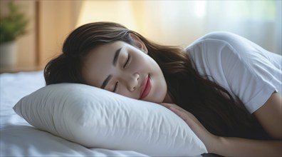 Healthy sleep on comfortable pillow. Healthy relaxation of Asian lady, AI generated