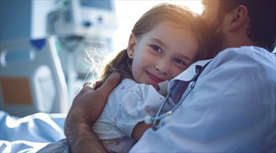 Doctor hugging little girl in hospital room. Smiling young girl being held by a doctor, AI