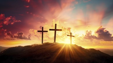 Easter concept three crosses on Golgotha Calvary hill against a dramatic sunset, AI generated