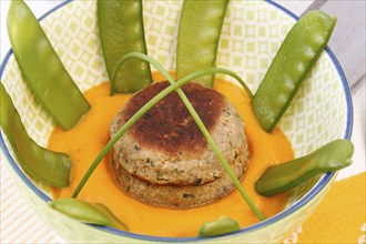 Vegetarian cuisine, walnut cakes on sugar snap peas with pumpkin sauce, sauce, vegetables, snow