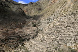 Hillside terraces countryside landscape, near Huebro, Ruta del Agua, Sierra Alhamilla mountains,