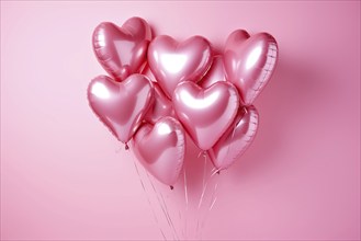 Bunch of glossy pink heart-shaped balloons against a soft pink background, perfect for Valentine's