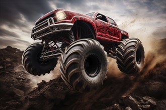 Monster truck driving and jumping outdoors amidst a cloud of dust. Thrill and adrenaline of an