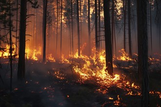 A forest wildfire is raging through a wooded area. Trees are on fire and flames are spreading