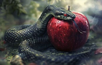 Temptation of Adam and Eve, forbidden fruit in garden of eden leads to primal sin, AI generated