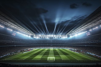 A soccer field with a large crowd of people watching the game. The stadium is lit up with bright