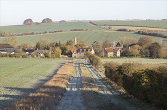 Chalk landscape of River Kennet valley, East Kennett village, Wiltshire, England, UK