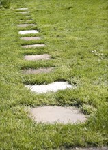 Stepping stone paving slabs form a path across grass lawn in a garden, UK