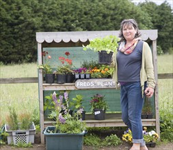 Woman looking at plants from a roadside stall, Bawdsey, Suffolk, England, United Kingdom, Europe