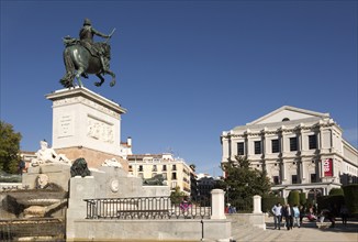 Opera House theatre, Plaza de Oriente equestrian statue King Felipe IV designed by Velazquez,