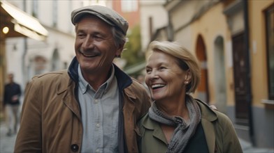 Happy elderly caucasian couple enjoying a walk along the european streets during thier vacation,