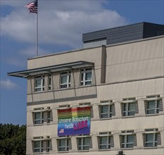 Banner with slogan, American Embassy at the Brandenburg Tor, Berlin, Germany, Europe