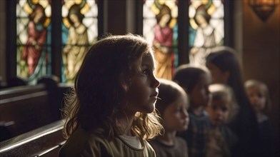 Several children gather in the church for mass gazing up at jesus on the cross, generative AI, AI