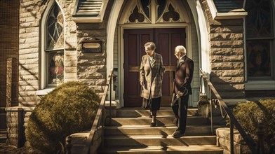 Senior adult couple arriving at A neighborhood church for services, generative AI, AI generated