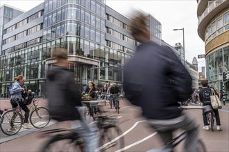 Central cycle path on the Lange Viestraat, in the centre of Utrecht, lanes for pedestrians,