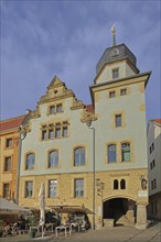 Restaurant Ratskeller, historic building with onion dome, Hauptmarkt, Gotha, Thuringia, Germany,