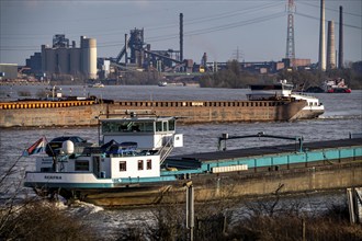 The Rhine near Duisburg, cargo ships, backdrop of the ThyssenKrupp Steel steelworks in Duisburg