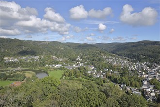 View from Nassau Castle to cityscape with Lahn valley and Westerwald, view down, aerial view, Lahn,