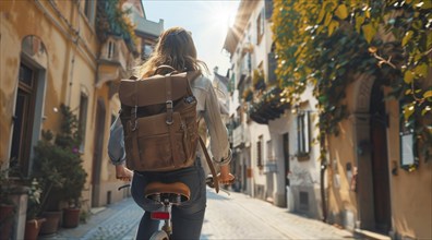 Happy young woman tourist is riding a bicycle on a European street, AI generated