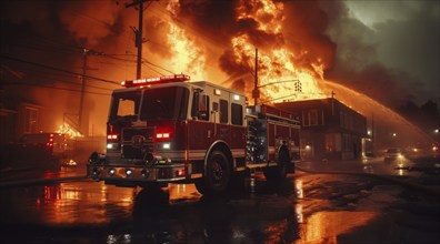 A fire truck on a street next to a burning house. Fireman and first responders extinguish the fire,