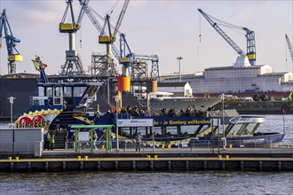 Hamburg harbour, Elbe, shipping traffic, Hadag harbour ferry Oortkaten, Altona landing stage, fish