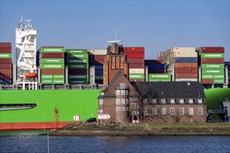 Container ship Ever Gifted, enters the port of Hamburg on the Elbe, shipping company Evergreen,