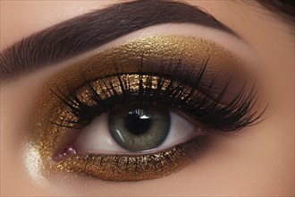 Close up of woman's eye with glittering golden eye makeup eyeshadow and long dark eyelashes. KI