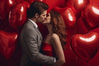 Couple in love kissing in front of red background with romantic heart shaped foil balloons. KI