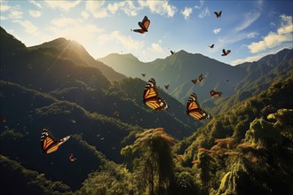 Big group of stylized yellow monarch butterflies flying in a natural environment, AI generated