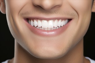 Close up of man's mouth with very white and straight teeth. KI generiert, generiert AI generated