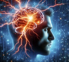 A man's brain emits flashes, symbolic image creative thinking, thought, thought flash,