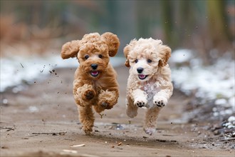 Two cute Poodle pups running together, AI generated