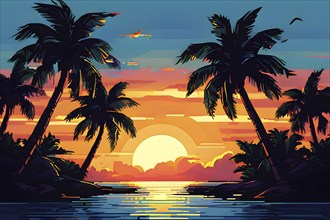 Pixel art illustration of a tropical island paradise with palm trees and sandy beach, AI generated