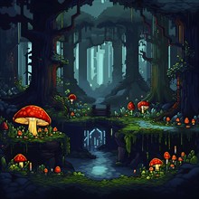 Enchanted magical forest in pixel art style with glowing mushrooms, AI generated