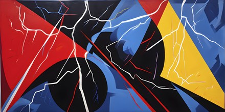 Abstract pop art comic illustration in vibrant colors with thunderbolt crackling across the canvas,