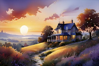 Atmospheric watercolor illustration showcasing a charming house balancing on a hilly scenery, AI